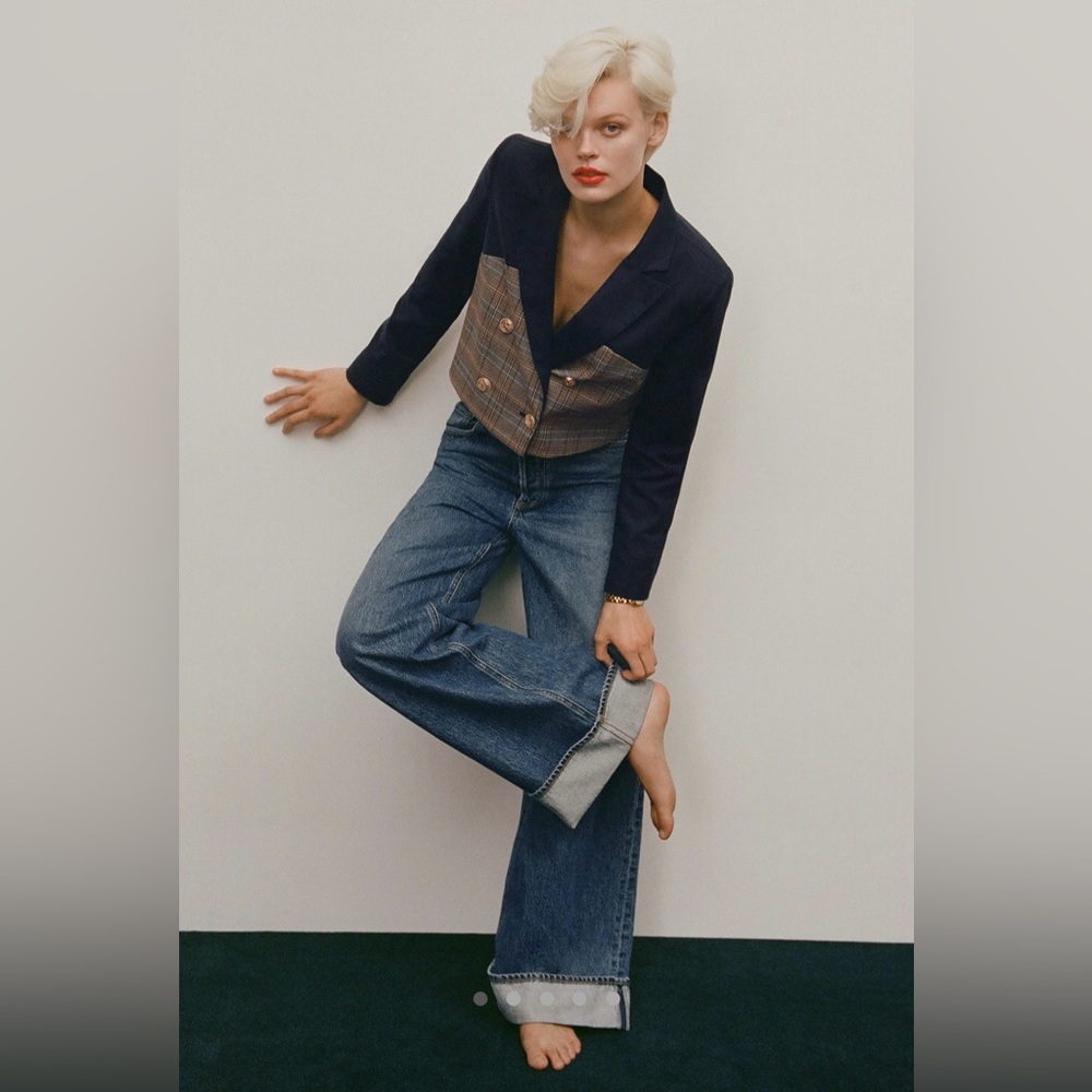 Anthropologie Navy and Plaid Corset Blazer
